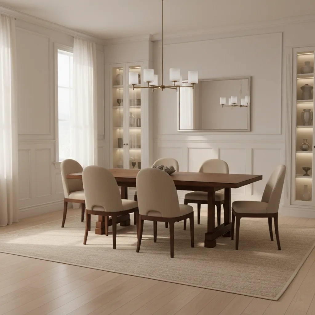 Dining room with classic white wainscoting panels and wooden dining table