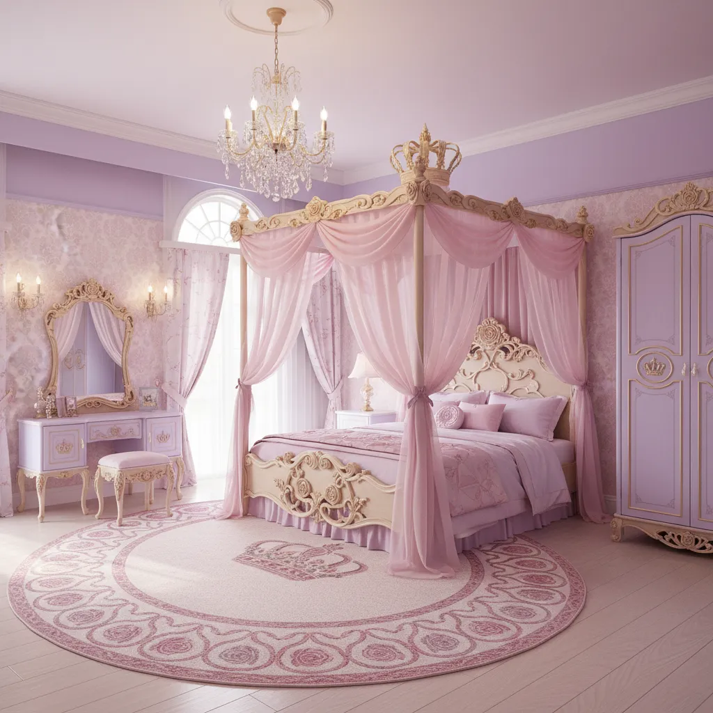 classic fairy tale princess bedroom with canopy bed chandelier and pastel decor