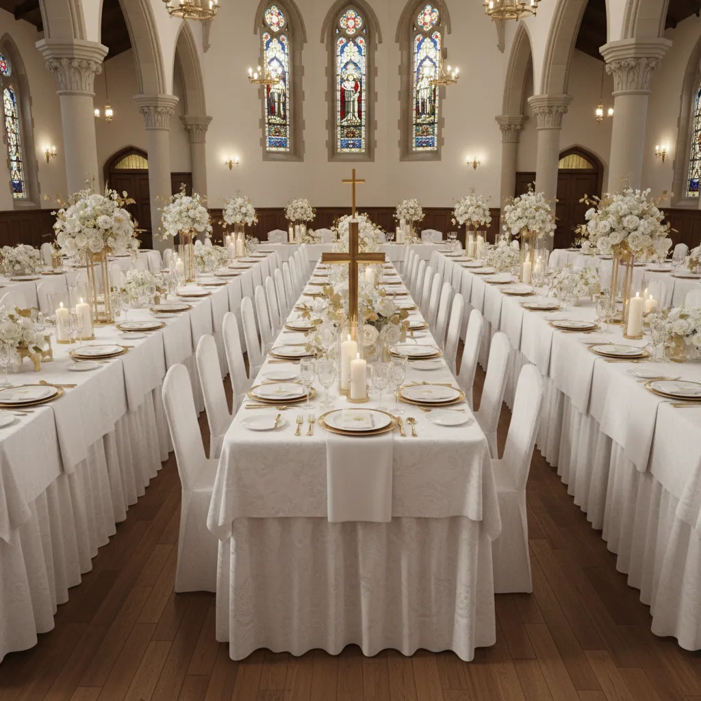 classic white and gold First Communion table decorations with cross centerpiece