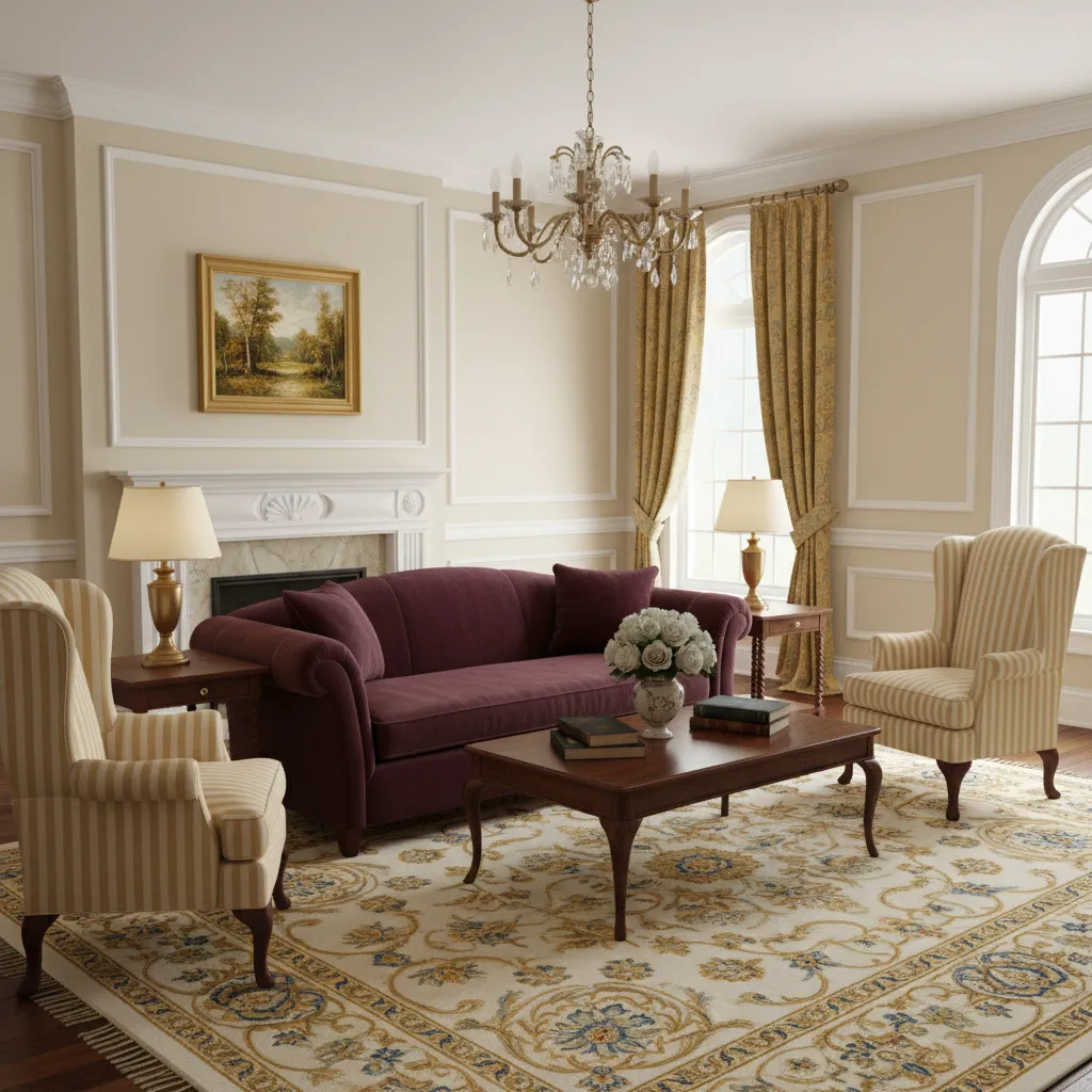 Traditional living room furniture layout with armchairs and sofa around coffee table