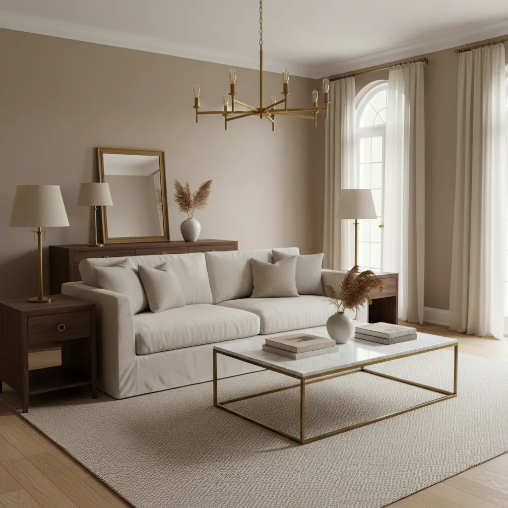 Classic living room with layered neutral colors and elegant materials