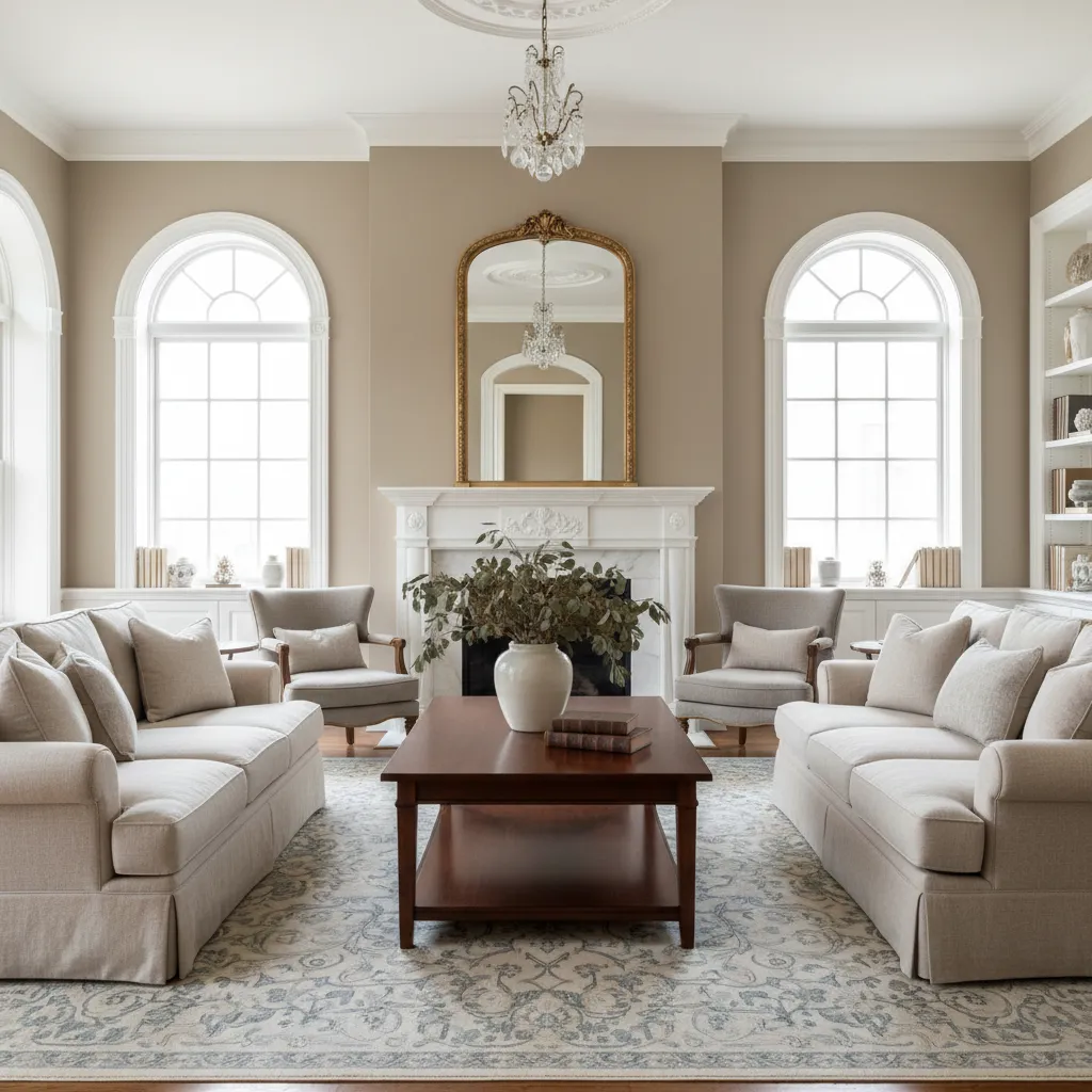 Classic living room layout showing symmetrical sofas and balanced furniture placement