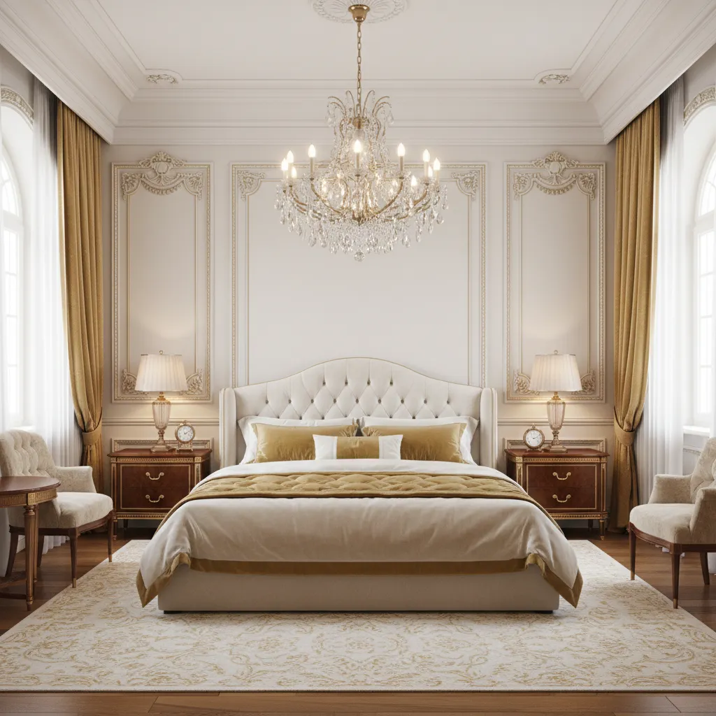 Classic luxury bedroom with chandelier tufted bed and decorative wall panels