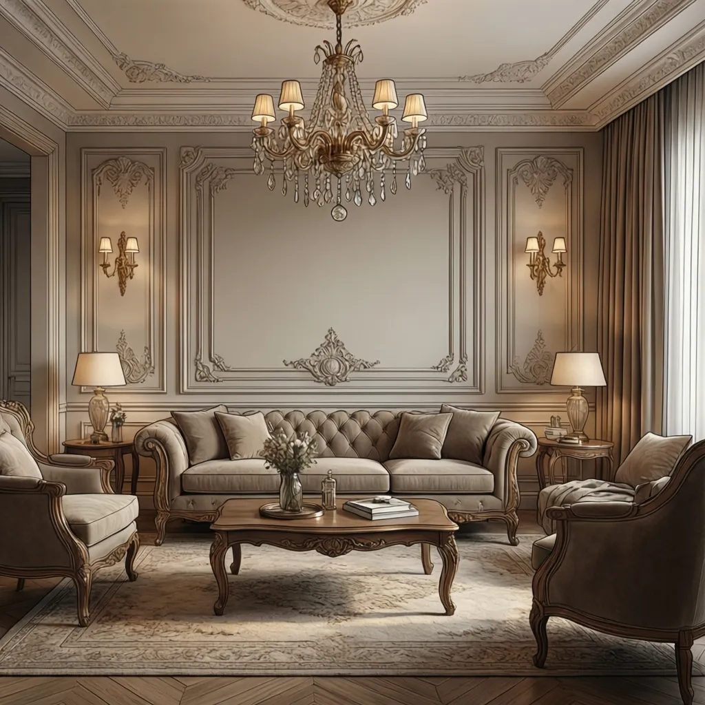 classic luxury living room with wall molding and chandelier in compact space