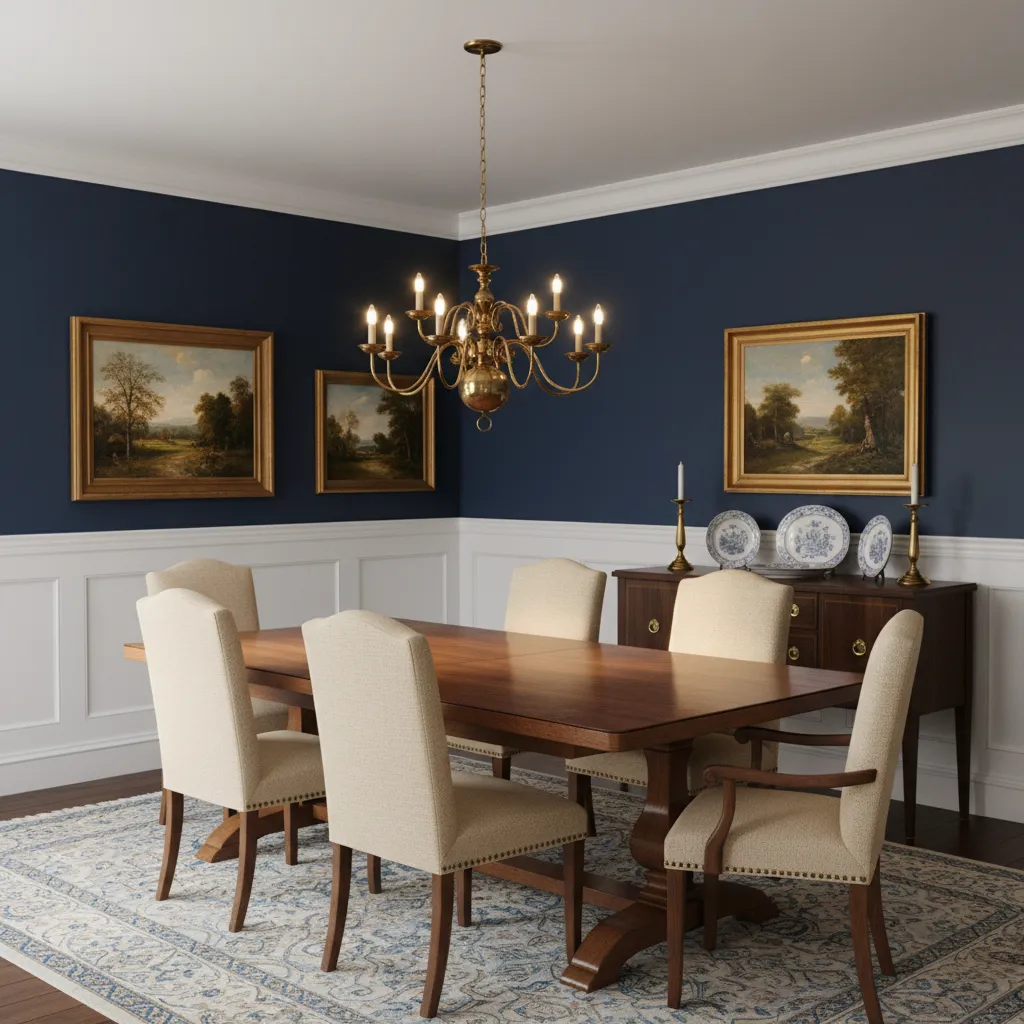 Traditional navy dining room with brass chandelier and wood table