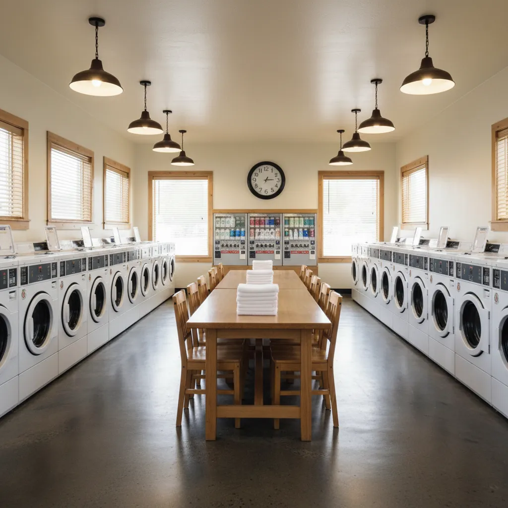classic neighborhood laundromat interior with simple machines and folding area
