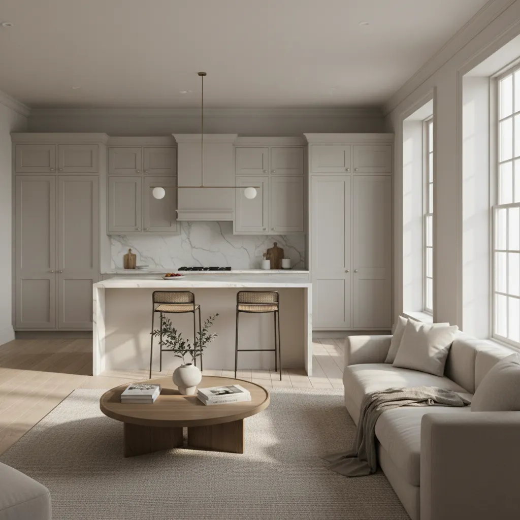Classic open kitchen flowing into a comfortable living room area