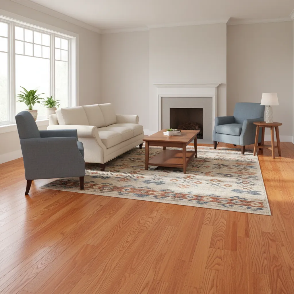 classic red oak hardwood flooring with warm orange undertones in a living room