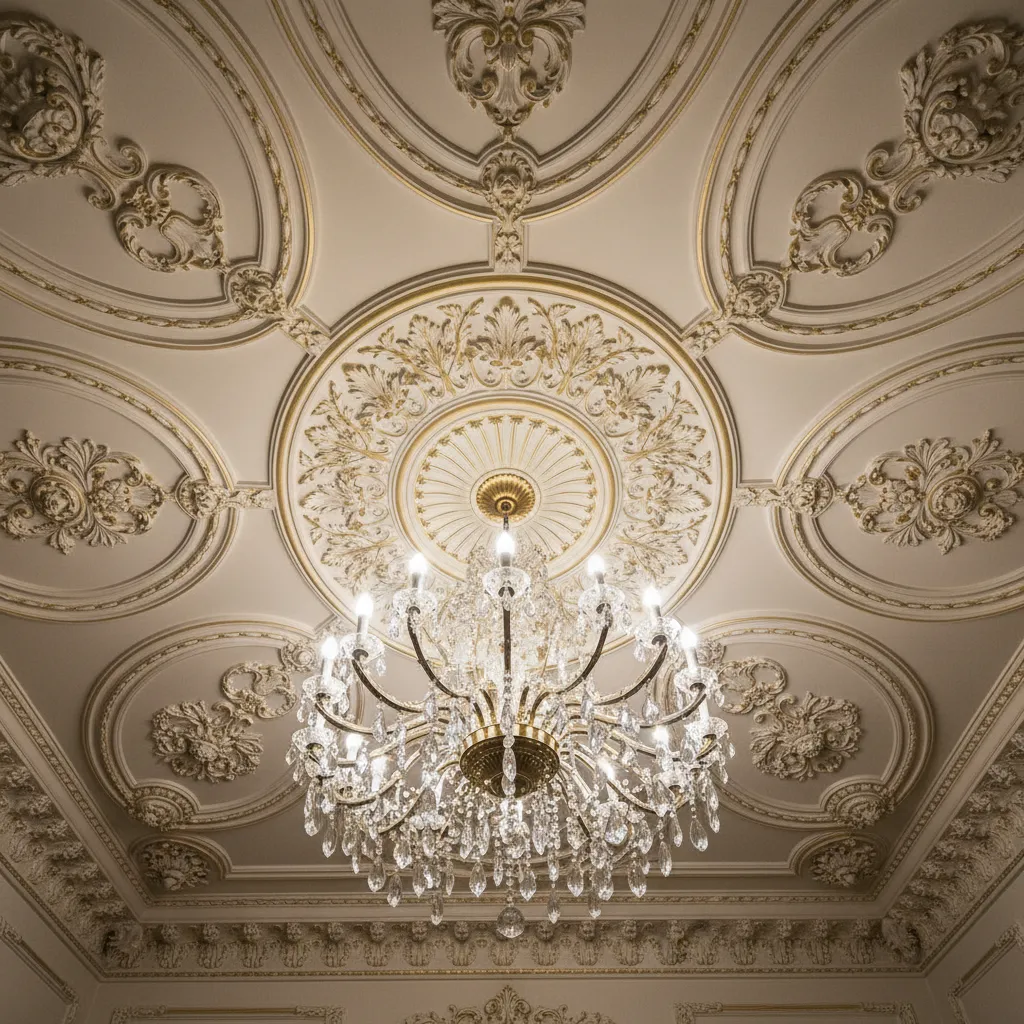 Large crystal ceiling light hanging from a classic white ceiling with golden decorative floral patterns