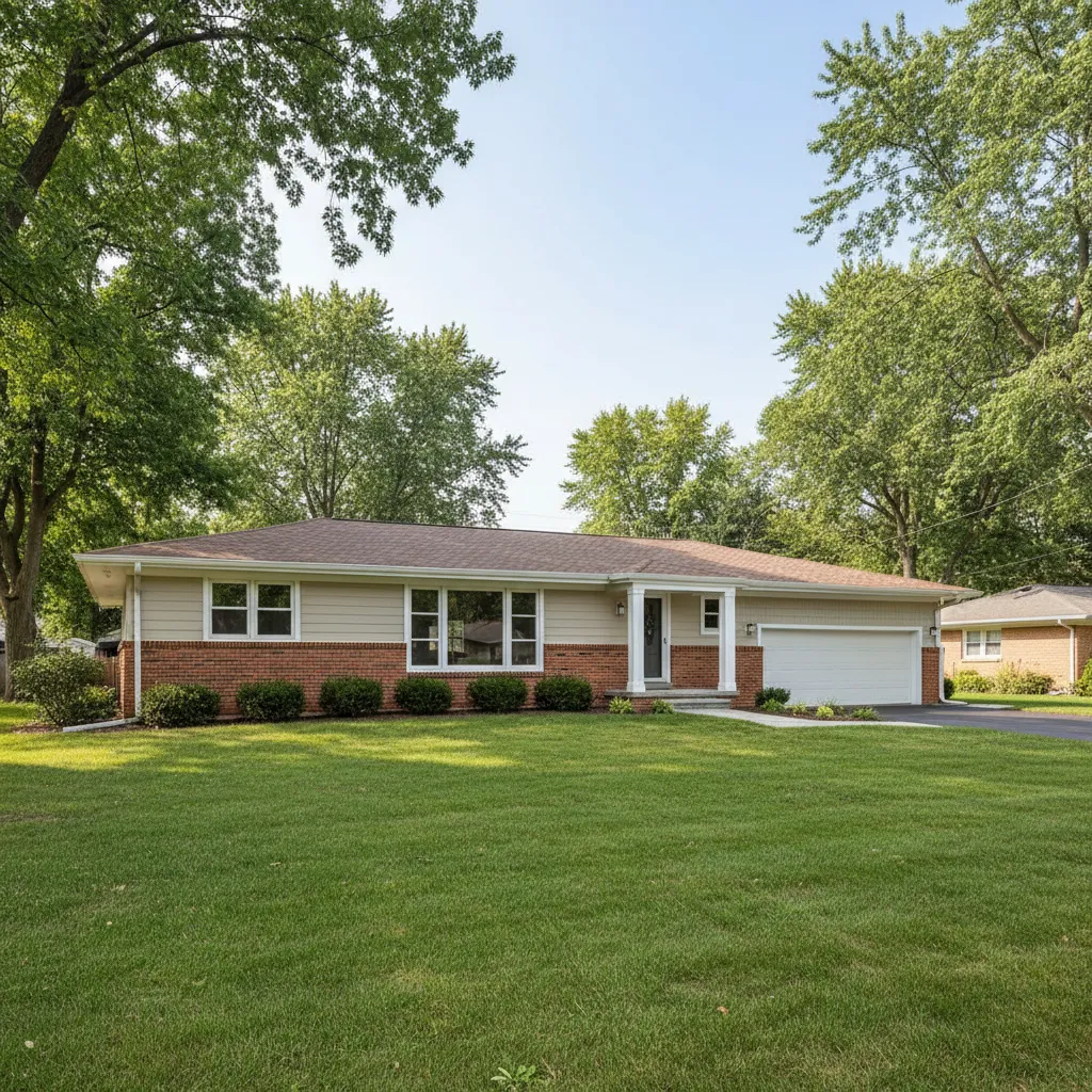 Classic suburban ranch style home with long roofline and front lawn