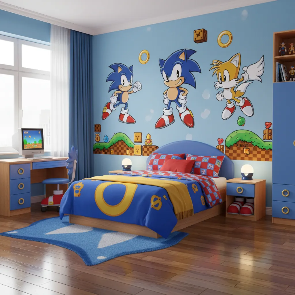 classic Sonic themed kids bedroom with blue walls and character decor