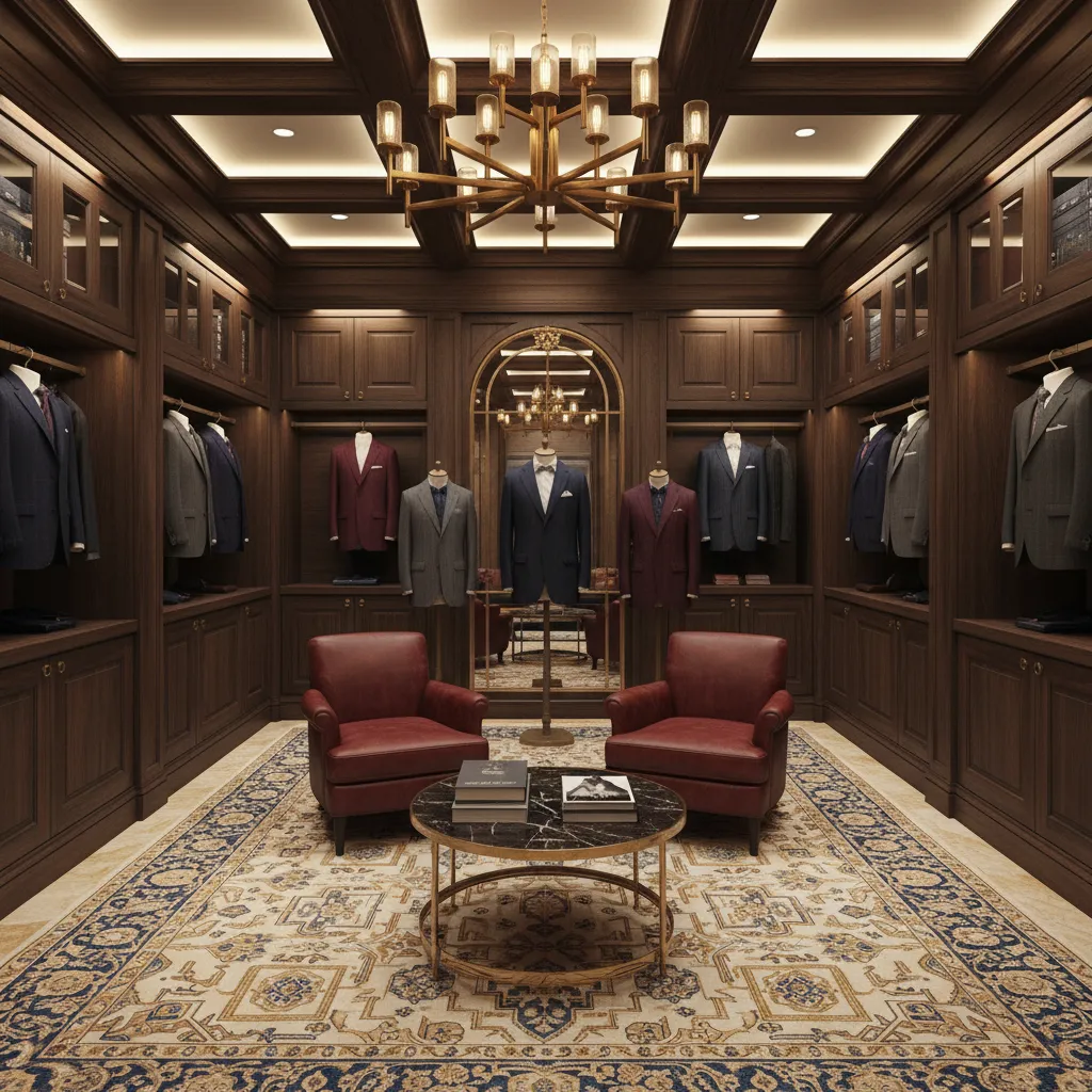 Luxury classic menswear store interior with dark wood cabinetry and leather seating