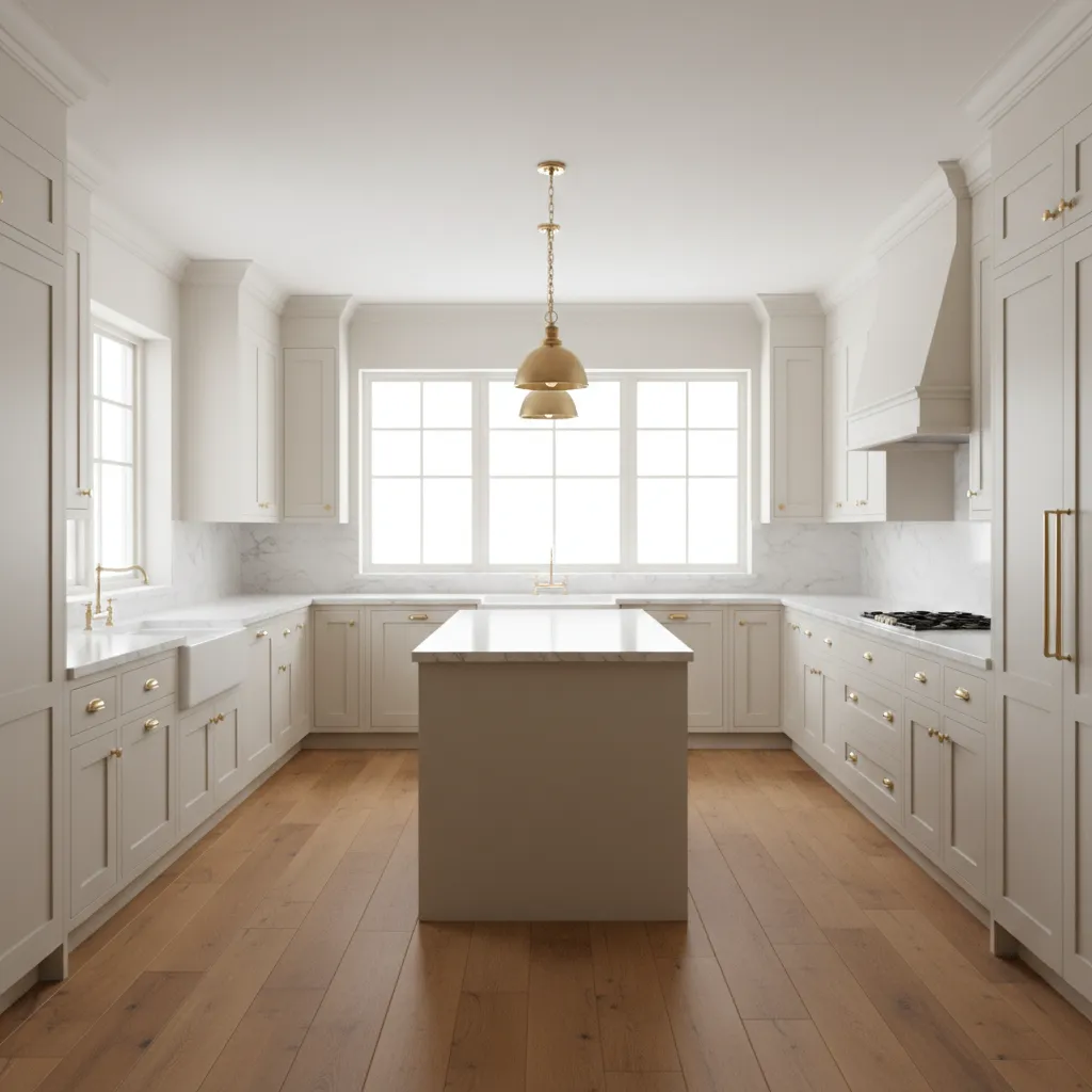 Traditional kitchen with shaker cabinets marble counters and warm lighting