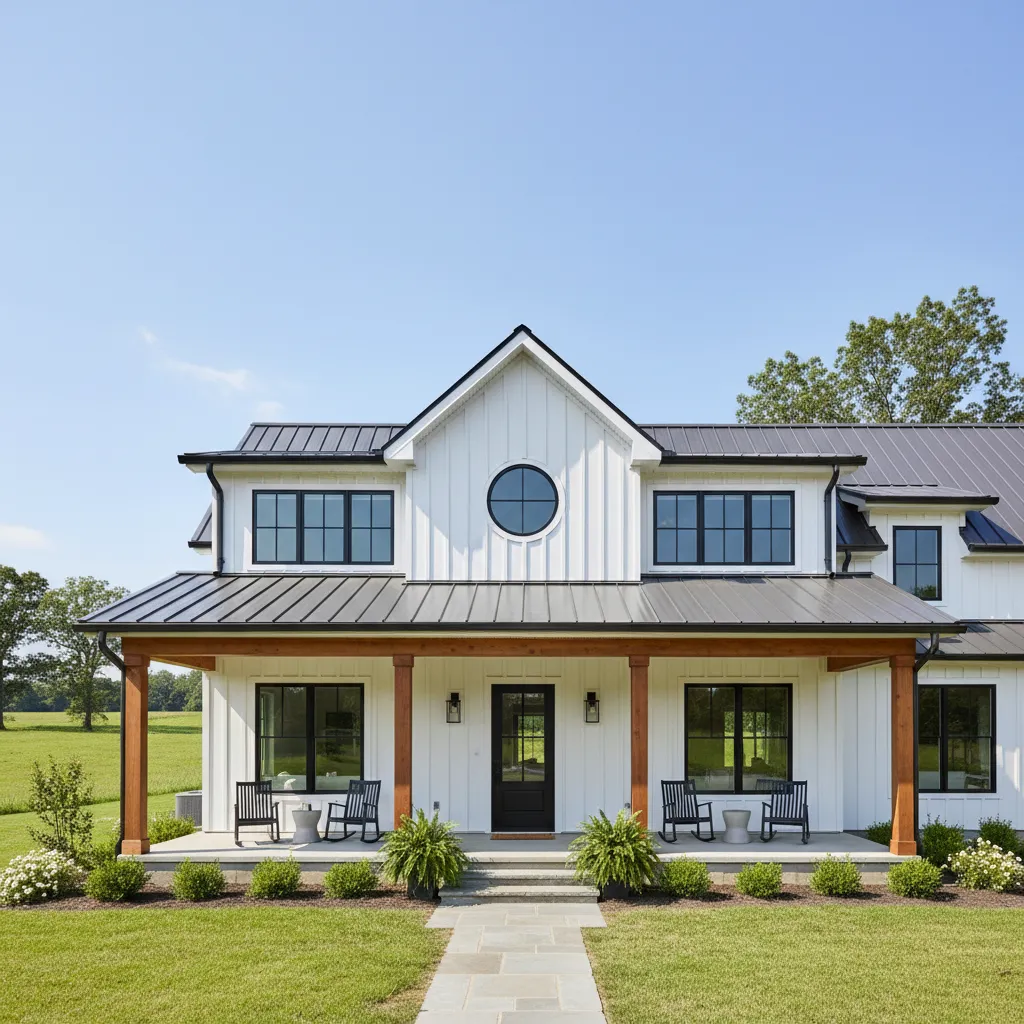 White farmhouse exterior with black window trim and front porch