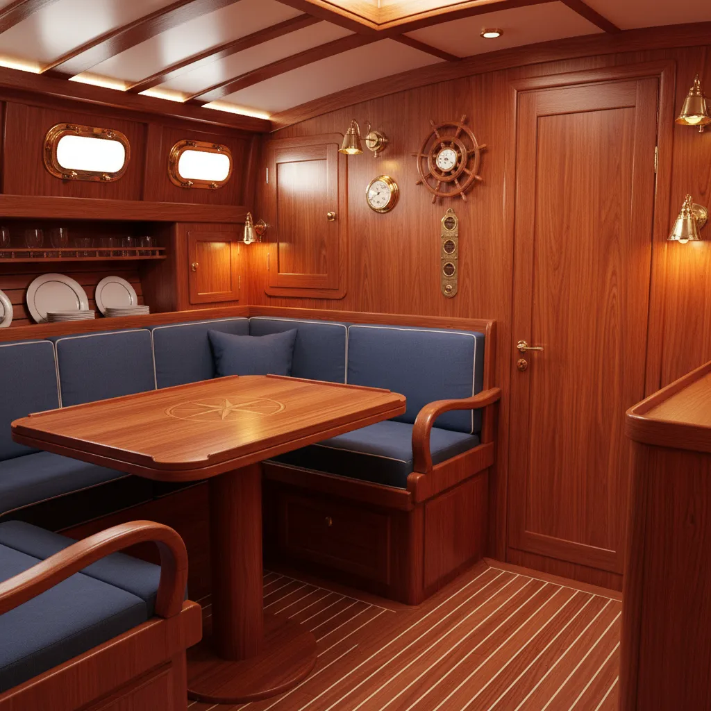 traditional yacht interior with mahogany wood paneling and brass fixtures