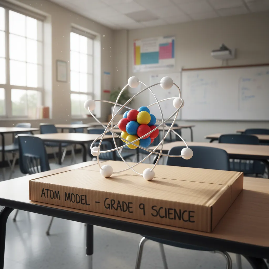 Student built 3D atom model using foam balls and plastic rods on a classroom table