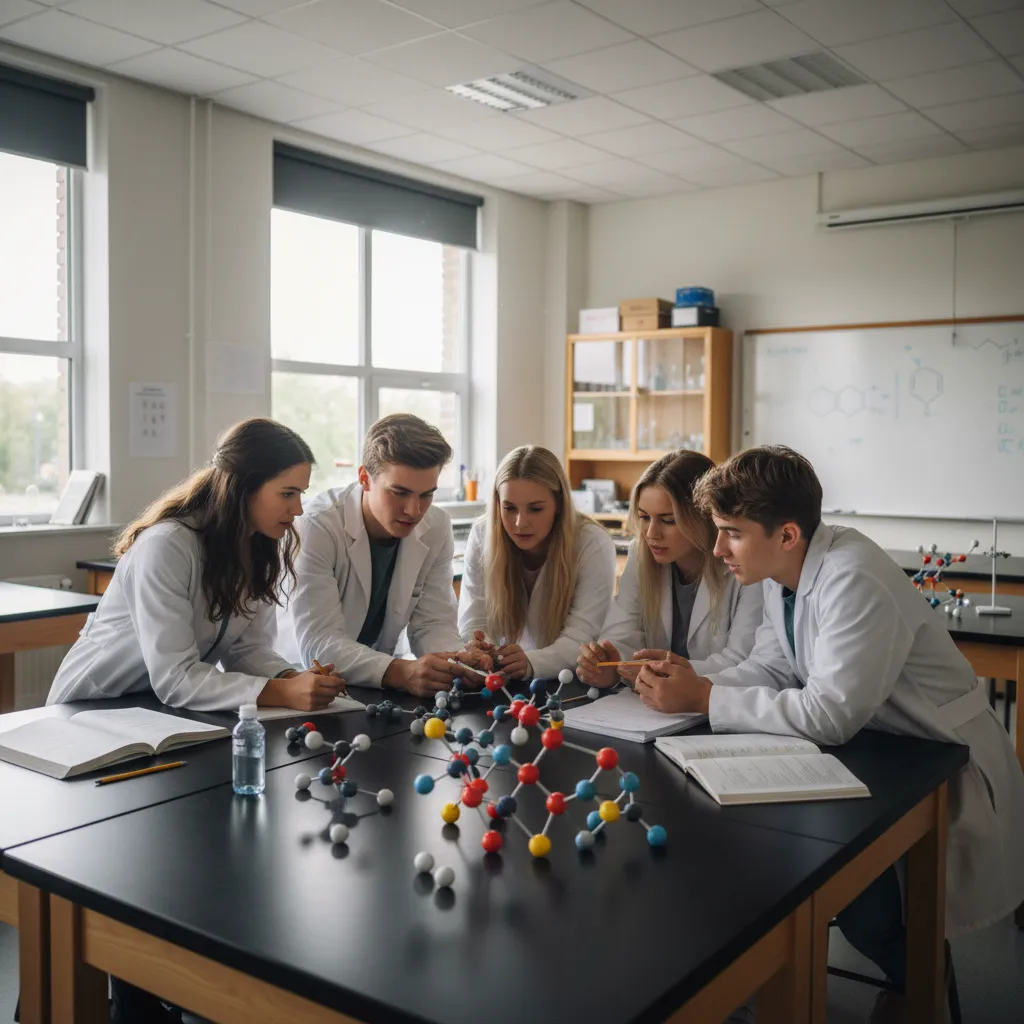 chemistry students examining colorful ball and stick atomic models on classroom desk
