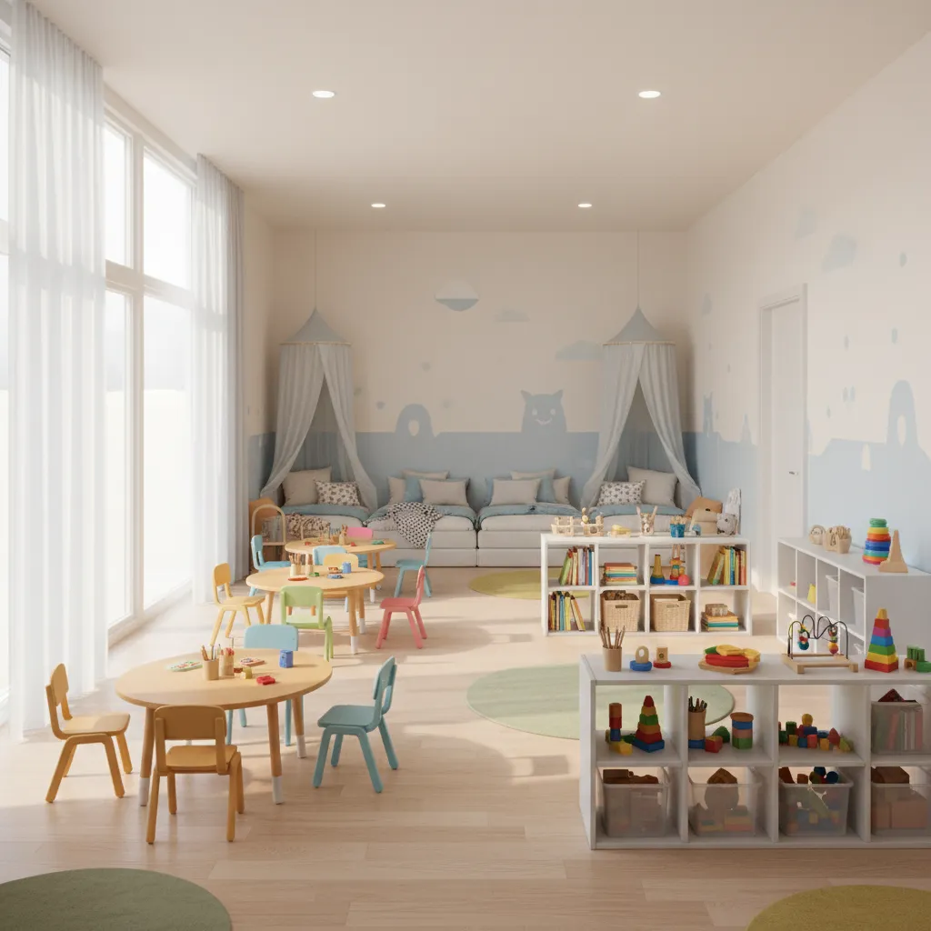 Classroom based daycare room with small tables learning stations and storage