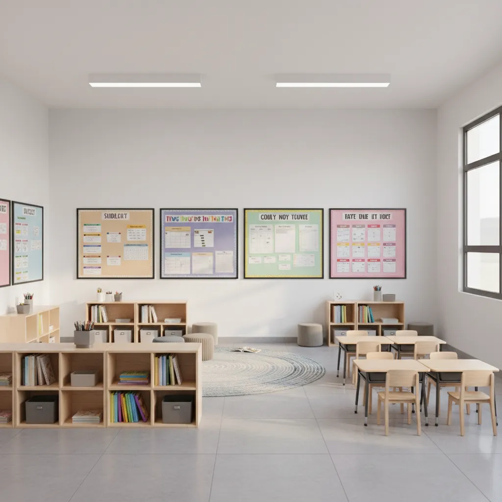 classroom walls with black framed learning boards and organized teaching zones