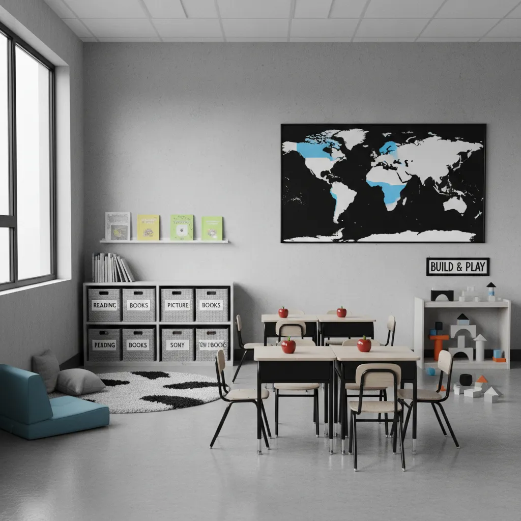 classroom learning centers with subtle color accents in a neutral classroom