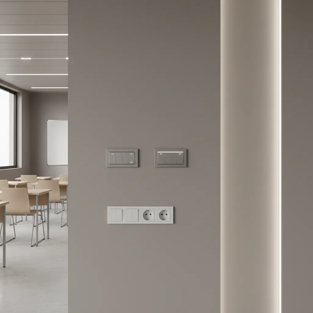 Classroom wall switches controlling lighting and power outlets