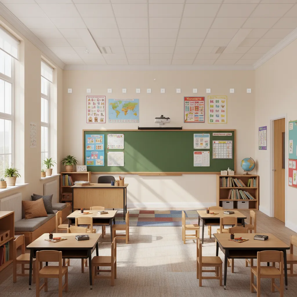 Elementary classroom posters mounted with removable adhesive strips