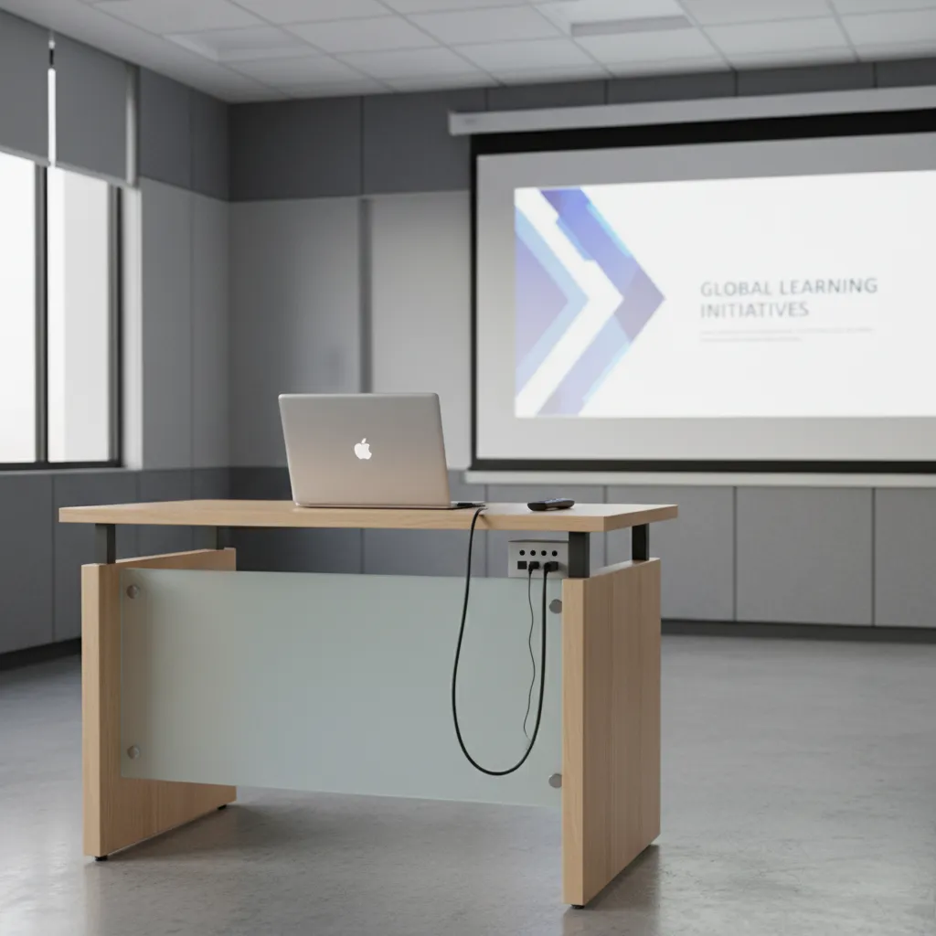 Laptop connected to classroom projector via HDMI cable on teaching podium