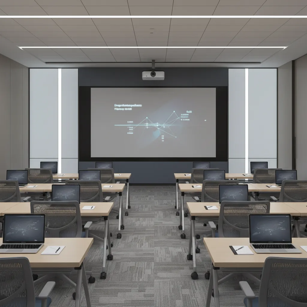 classroom style conference room layout with rows of tables facing a screen