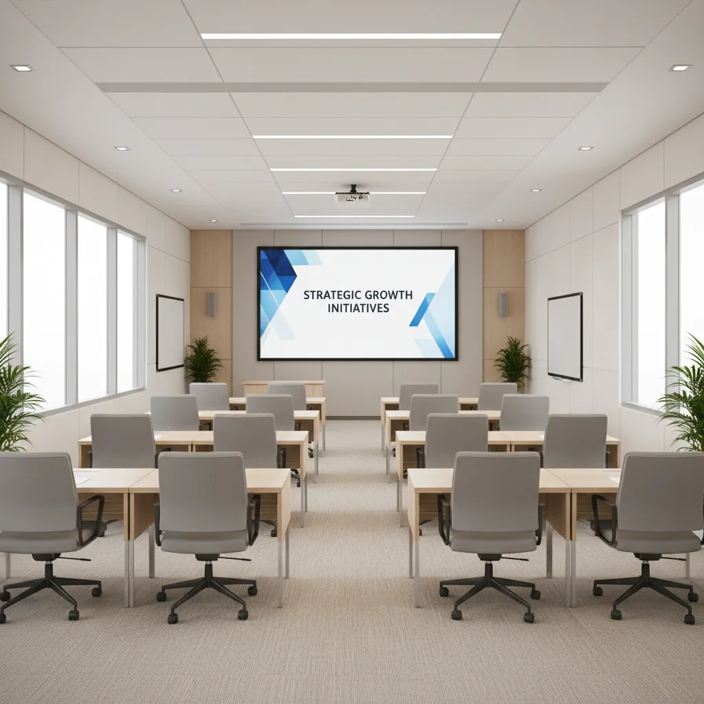 classroom style meeting room layout with rows of tables facing presentation screen