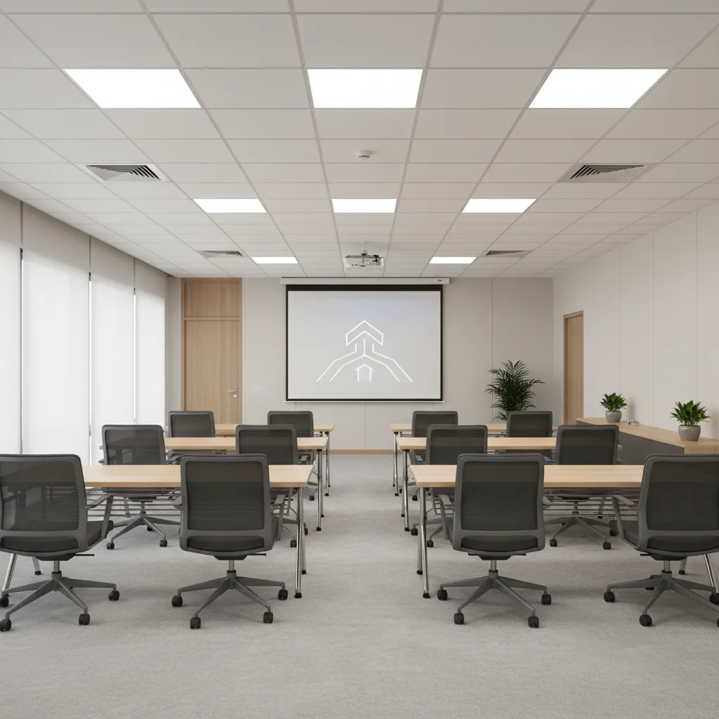 Classroom style office meeting room with rows of wooden desks black chairs and projector screen