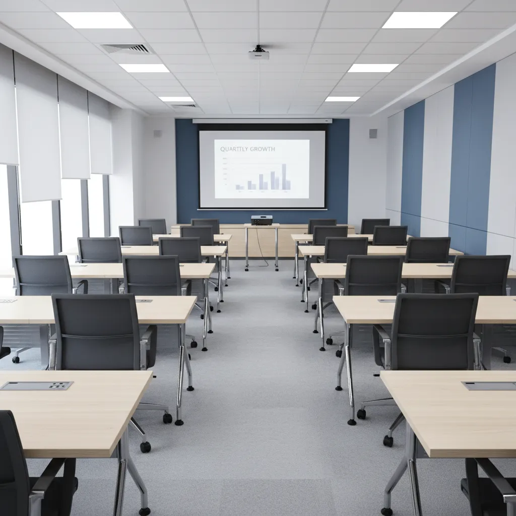 Classroom style meeting layout with rows of desks facing a presentation screen