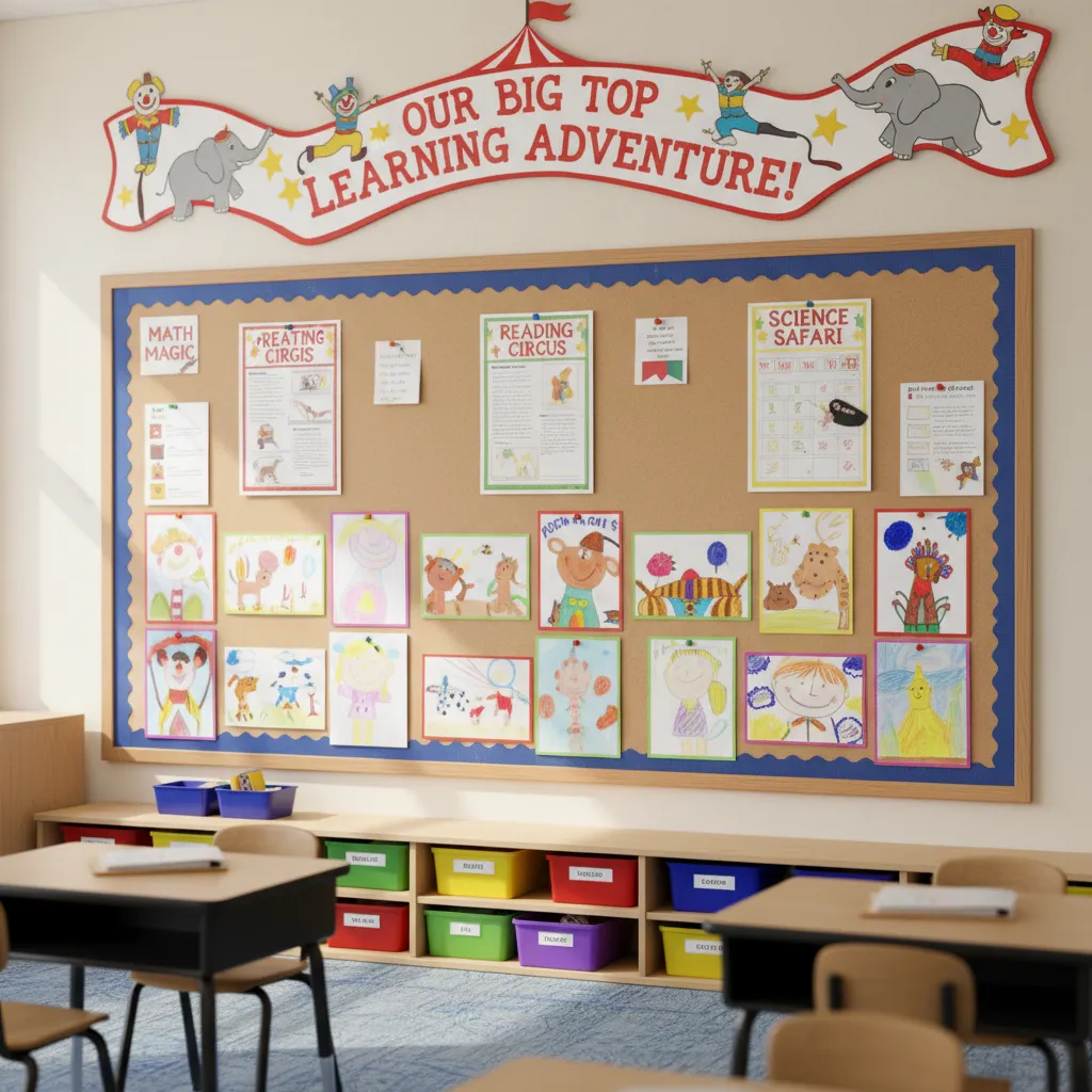 vertical classroom wall decoration layout with banners bulletin board and student work