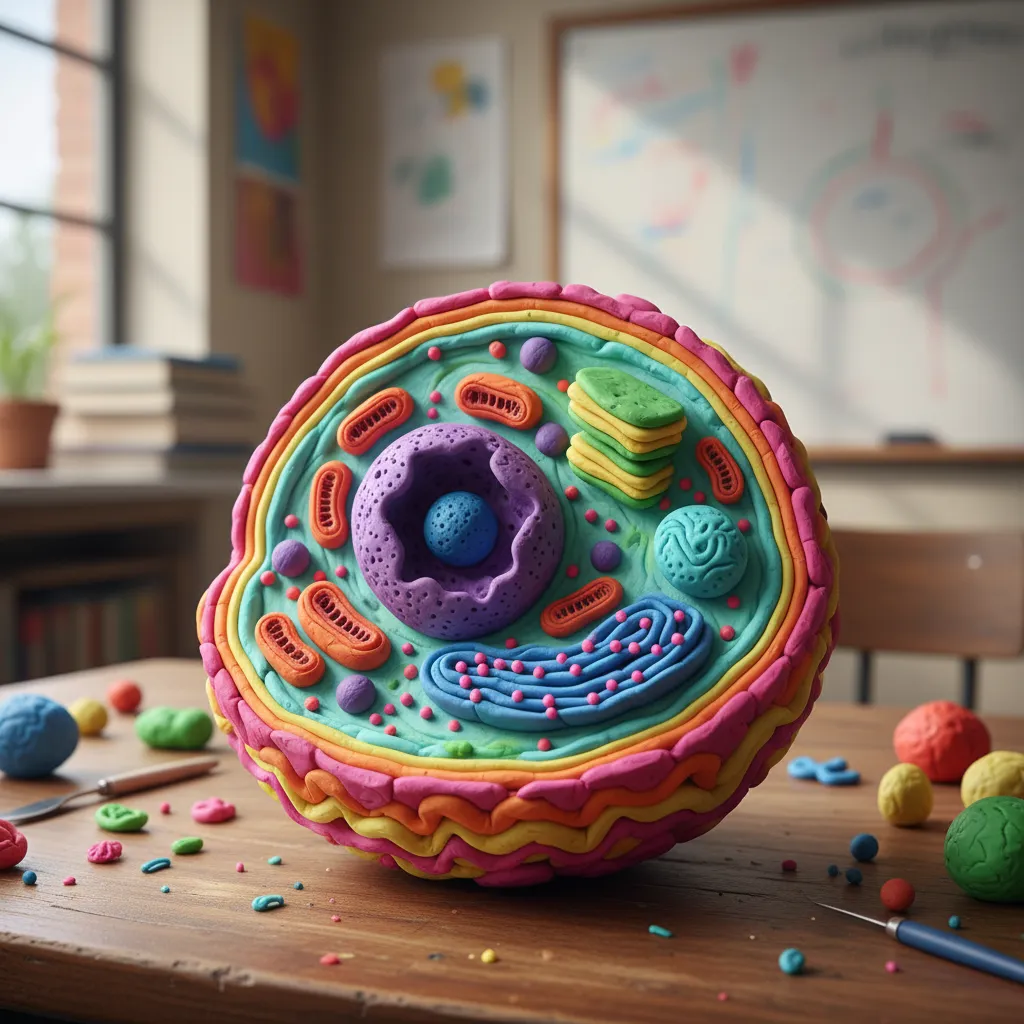 Colorful clay cell model showing sculpted organelles