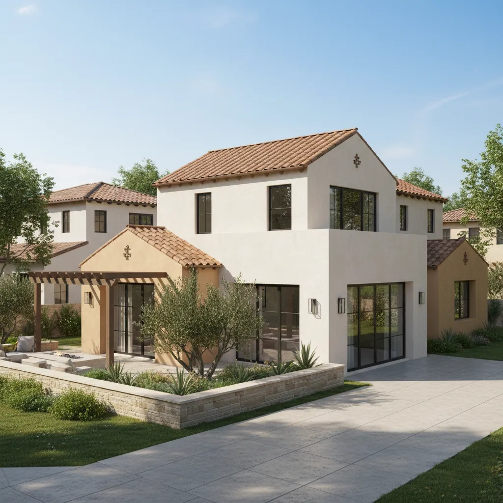 Modern home with clay colored metal roof designed to mimic clay tile