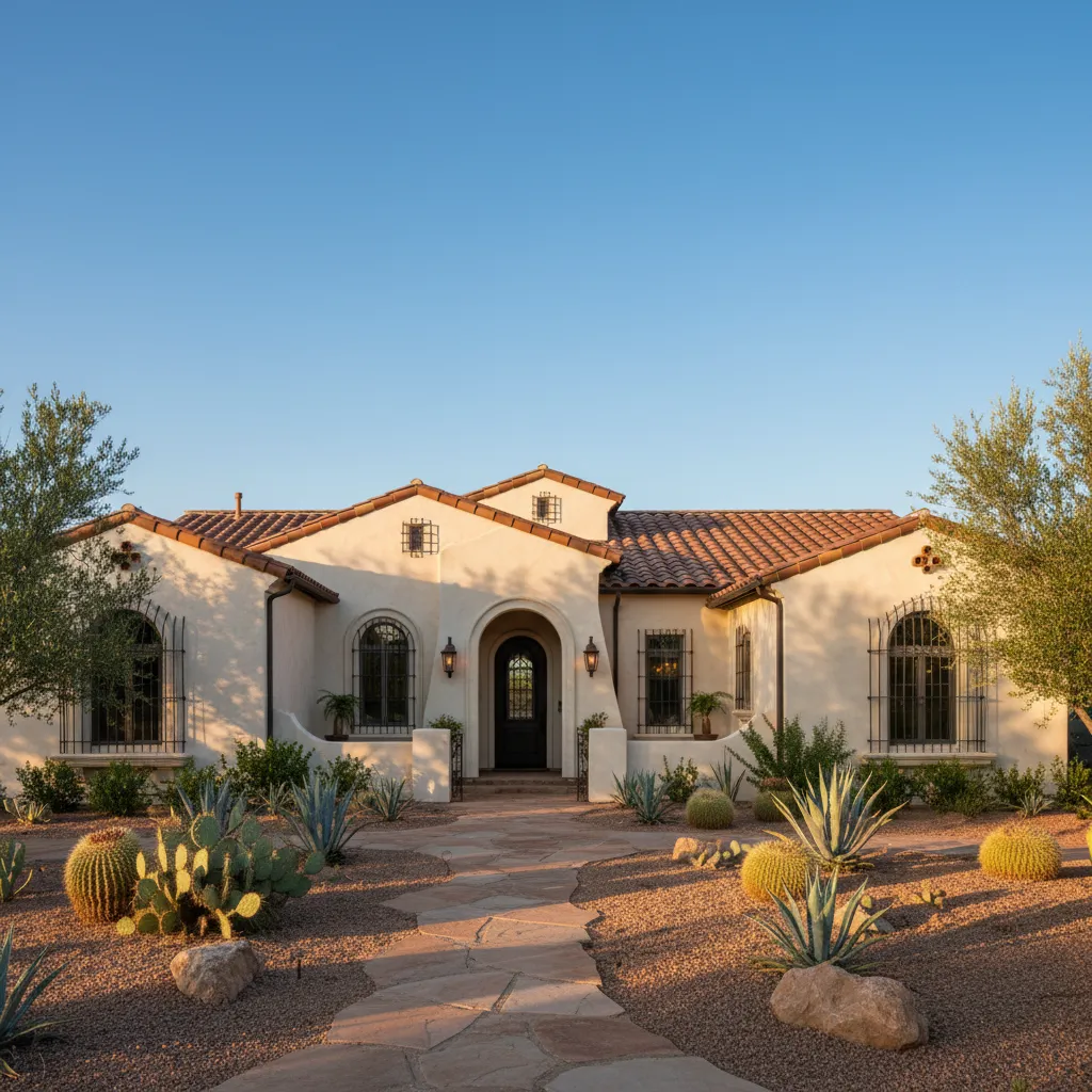 Mediterranean style home with clay color metal roof in warm climate