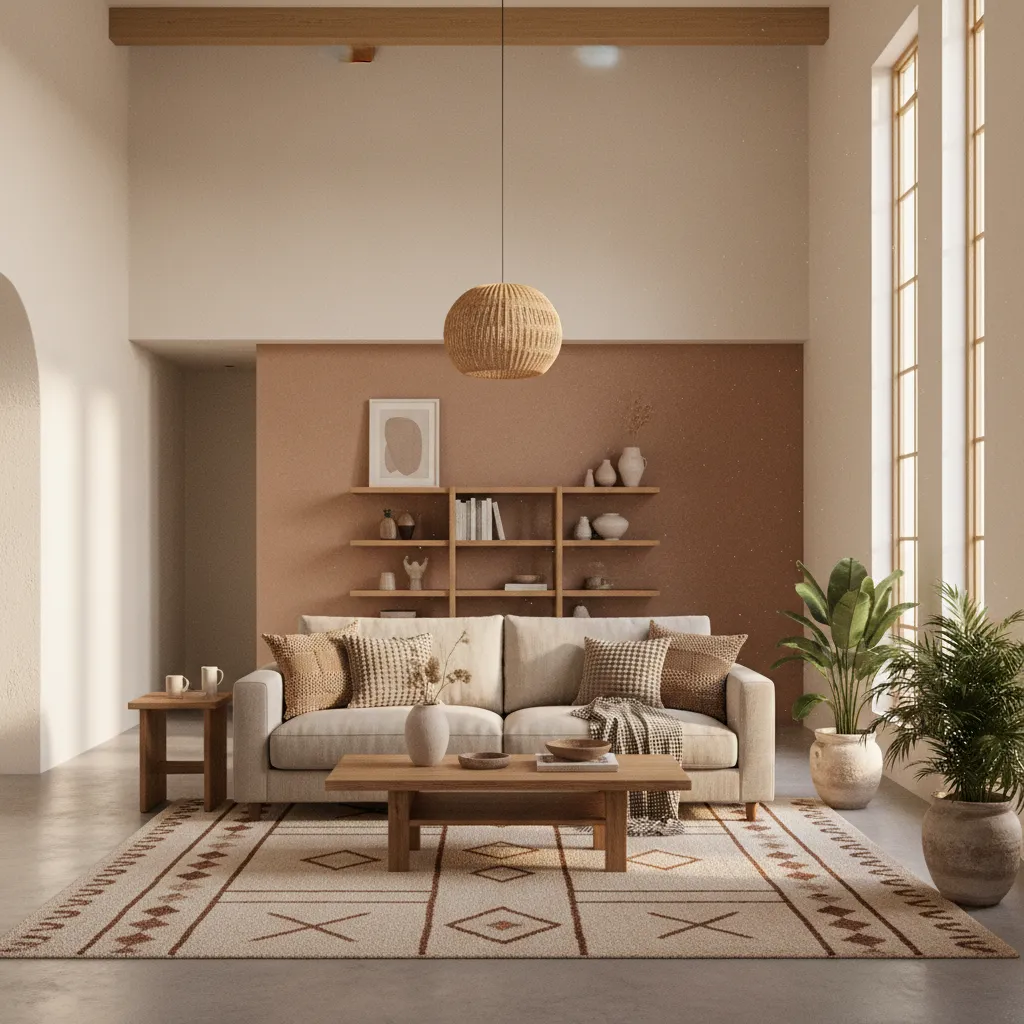 Warm clay accent wall with cream living room furniture and natural textures
