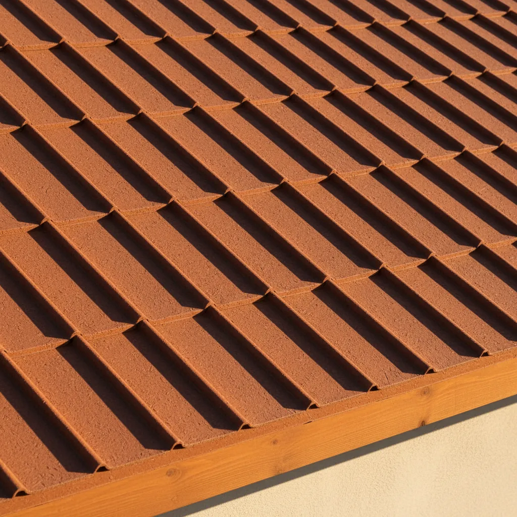 close view of clay colored metal roof panels on residential home