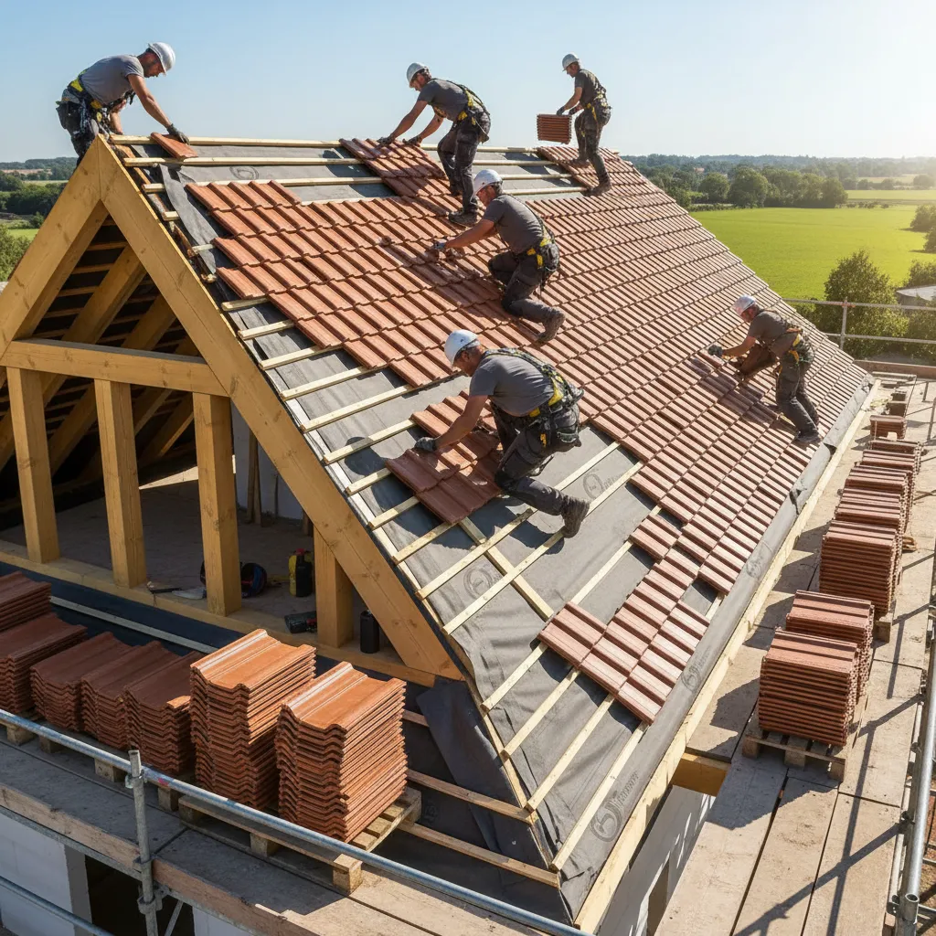 Roof construction with clay tiles being installed on wooden structure