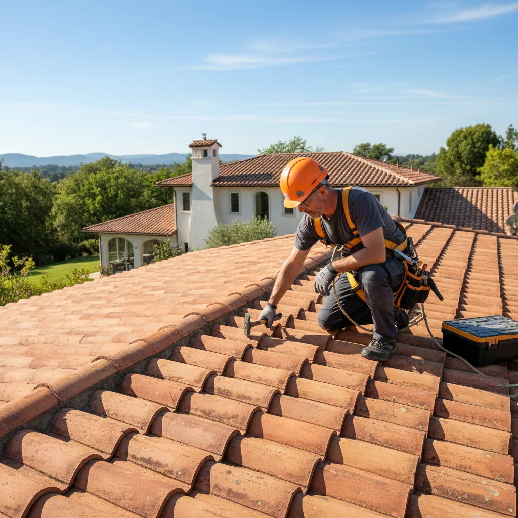 roof inspector checking clay roof tiles during maintenance inspection