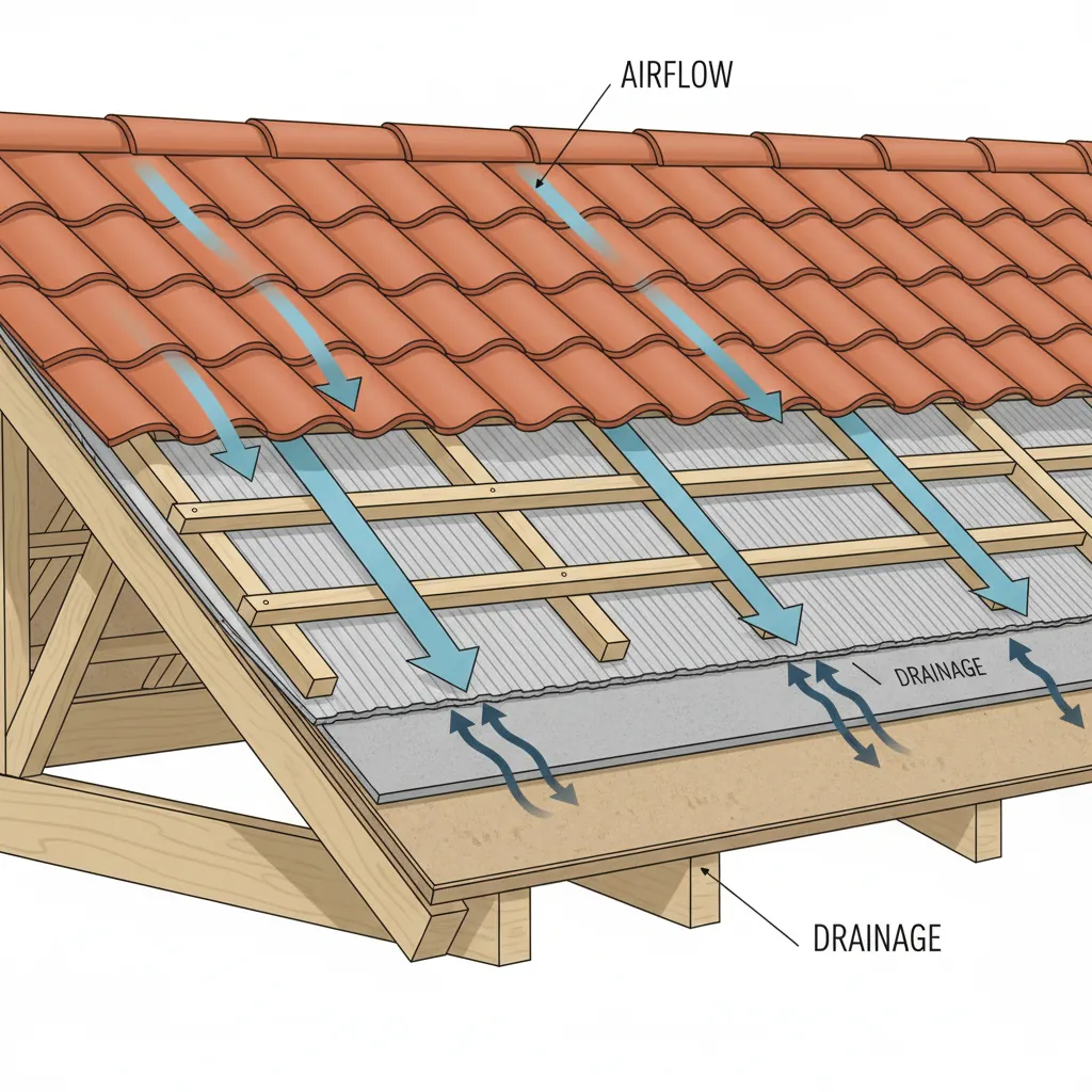 diagram style visualization showing airflow and drainage paths in clay tile roof