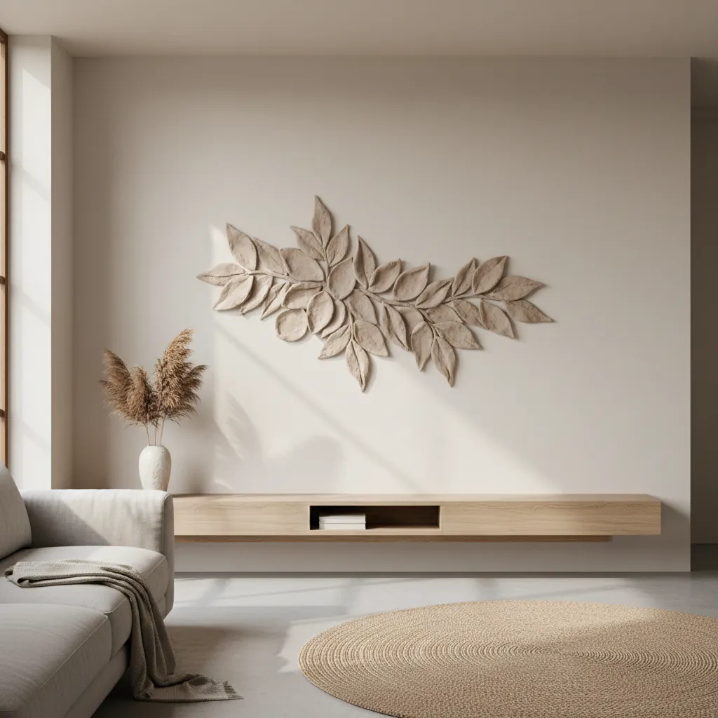 Handmade clay botanical wall hanging with sculptural relief design