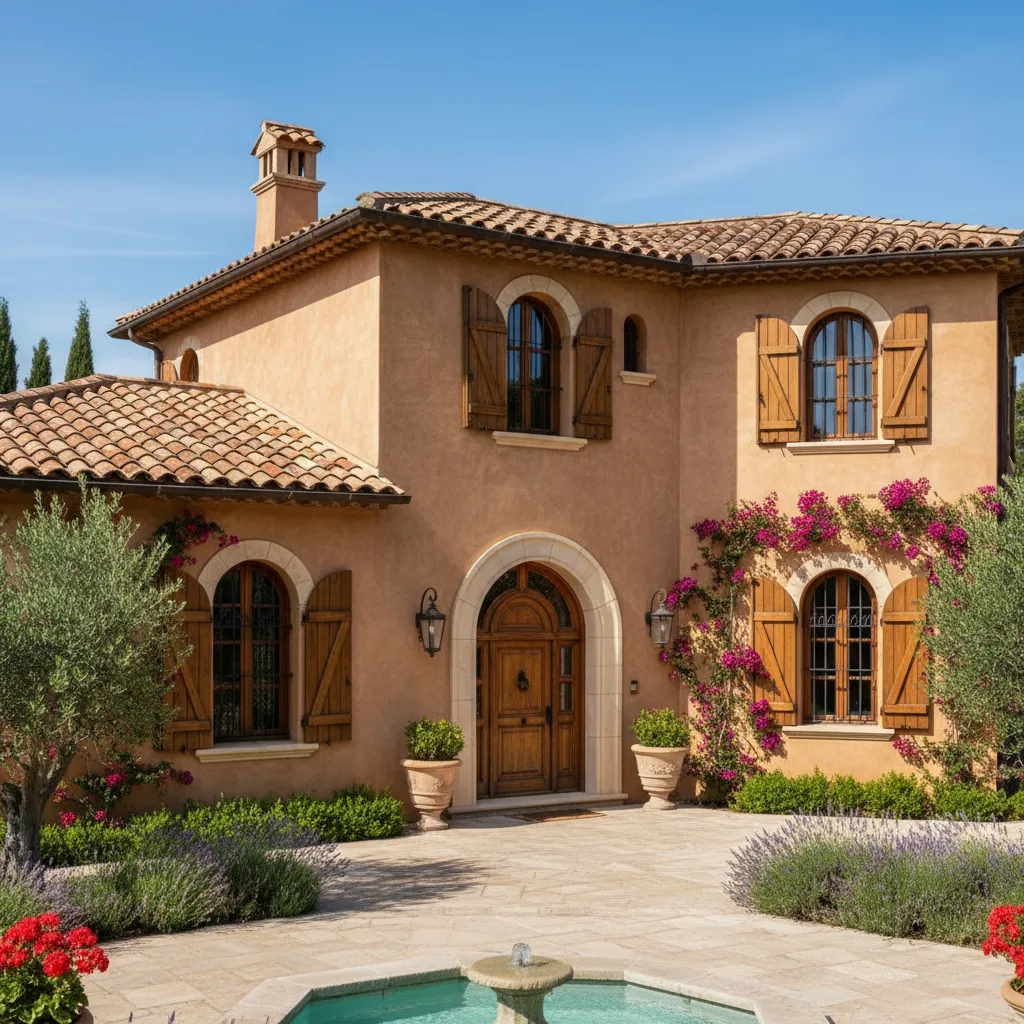 Mediterranean home with traditional clay tile roof in warm terracotta color