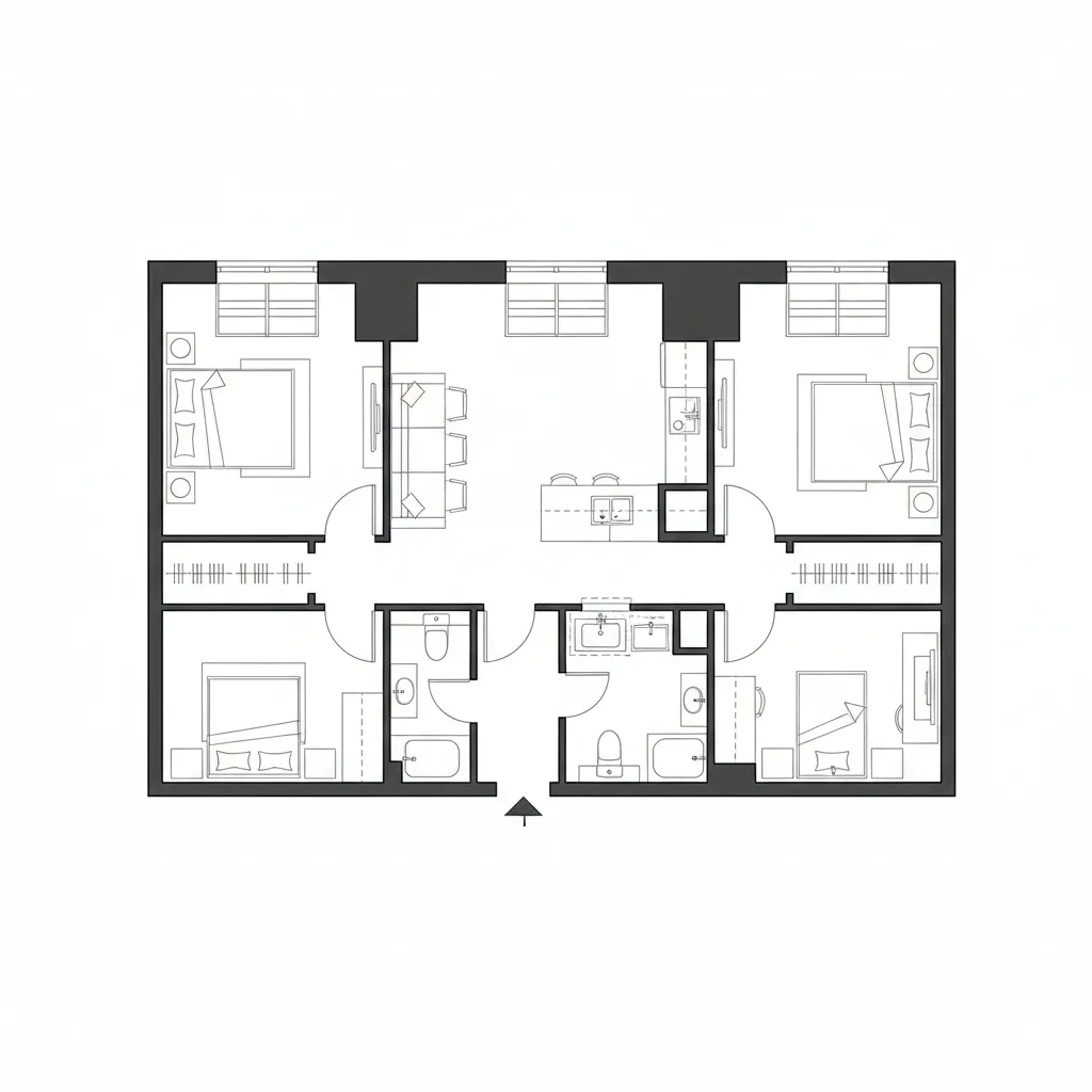 Clean black and white interior design drawing showing a three bedroom apartment floor plan layout