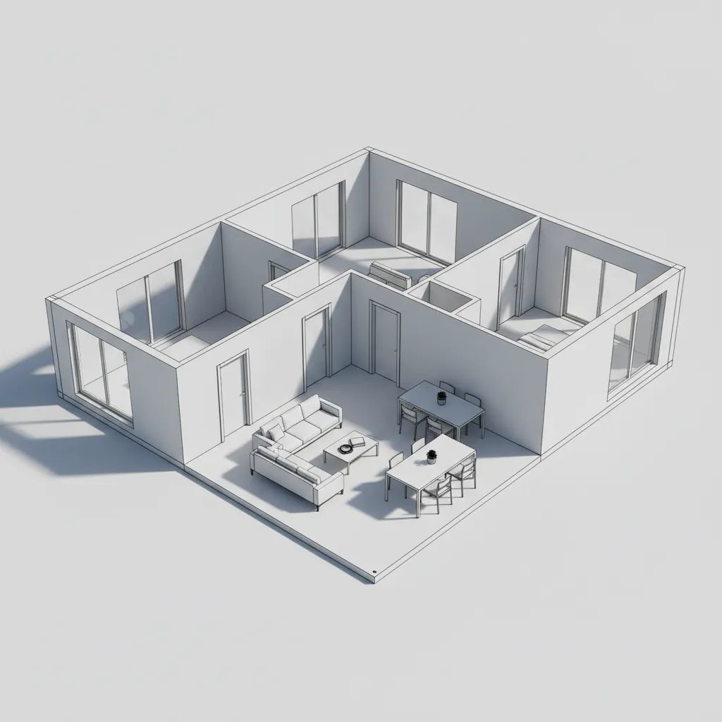 Simplified 3D architectural model showing walls, doors, and windows only