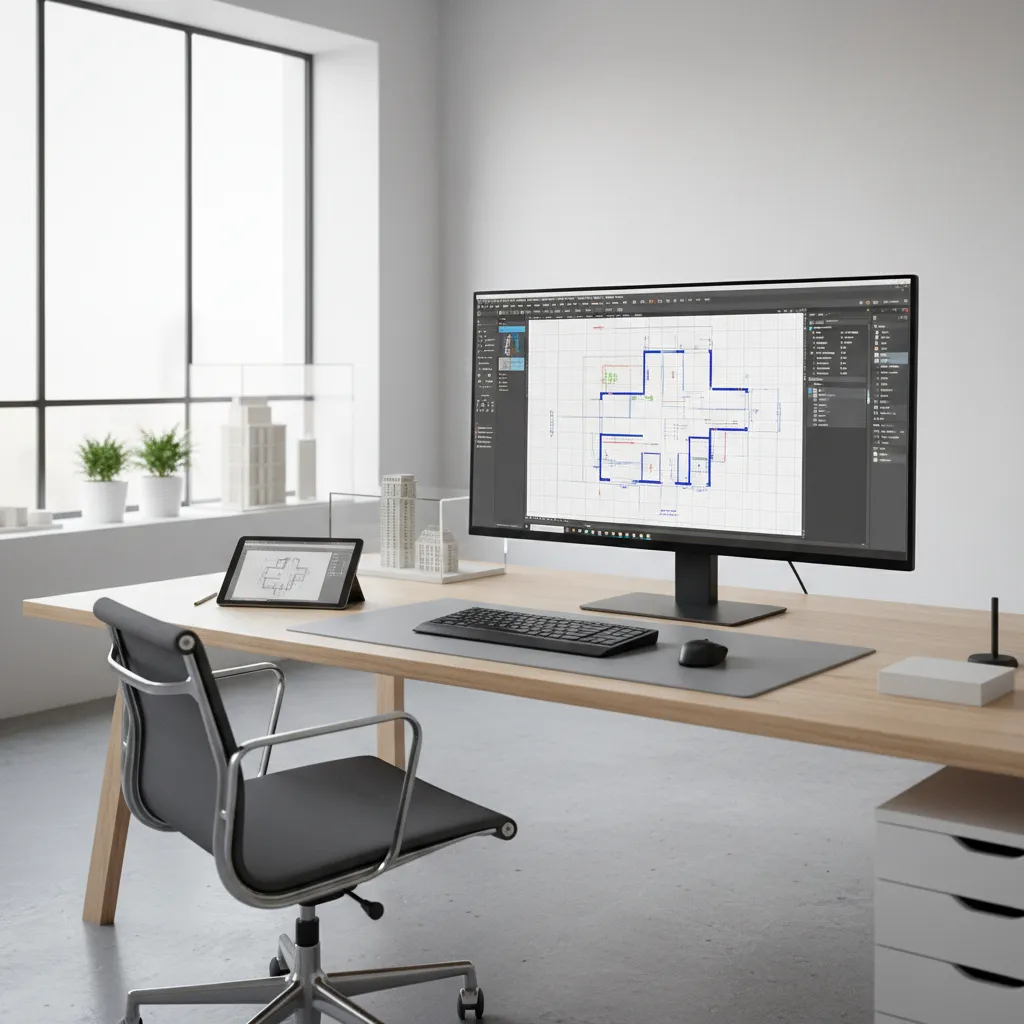 Modern home office desk with black chair and monitor showing 2D house floor plan layout