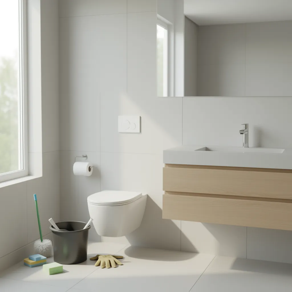 Bathroom cleaning tools including bucket brush and gloves placed neatly beside a modern bathroom