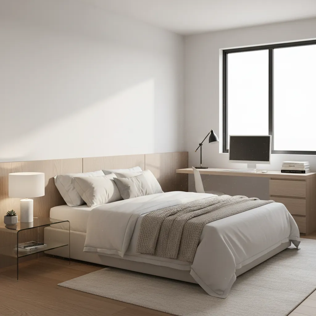 Minimalist modern bedroom with a clean bed wooden desk computer and a large bright window