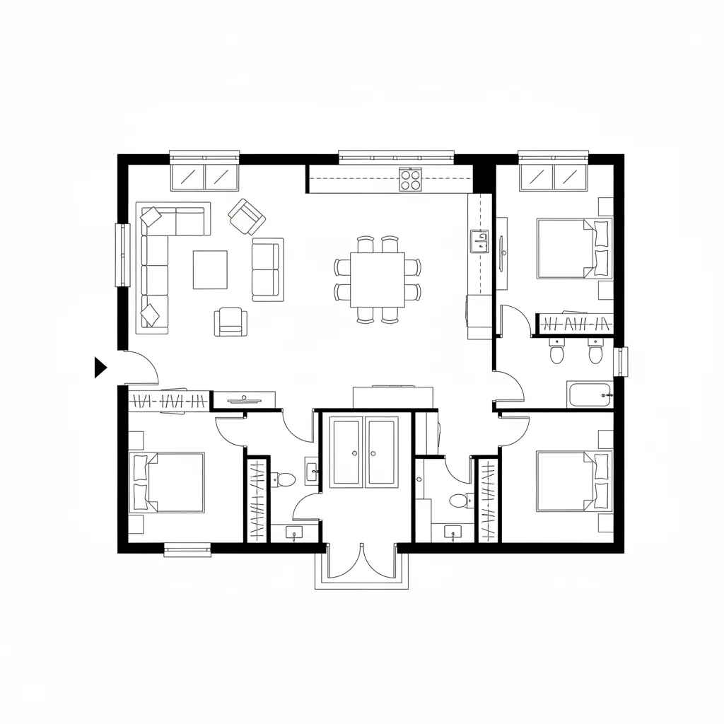 clean architectural black and white 2D floor plan with walls doors windows and furniture symbols