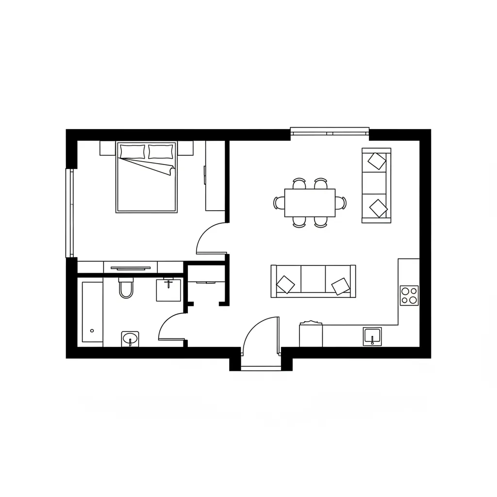 Minimal black and white residential floor plan with clear wall hierarchy