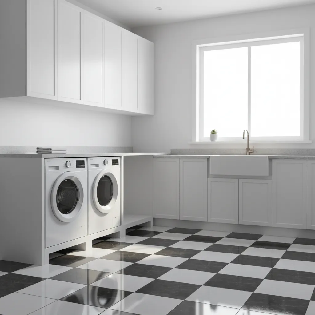 clean checkerboard tile floor in a modern laundry room